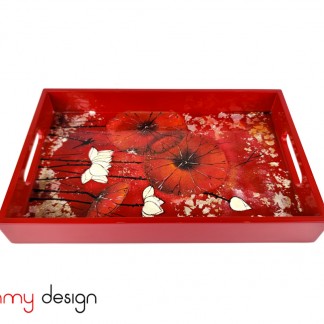 Red rectangular lacquer tray hand-painted  with Water lilies 19*30cm